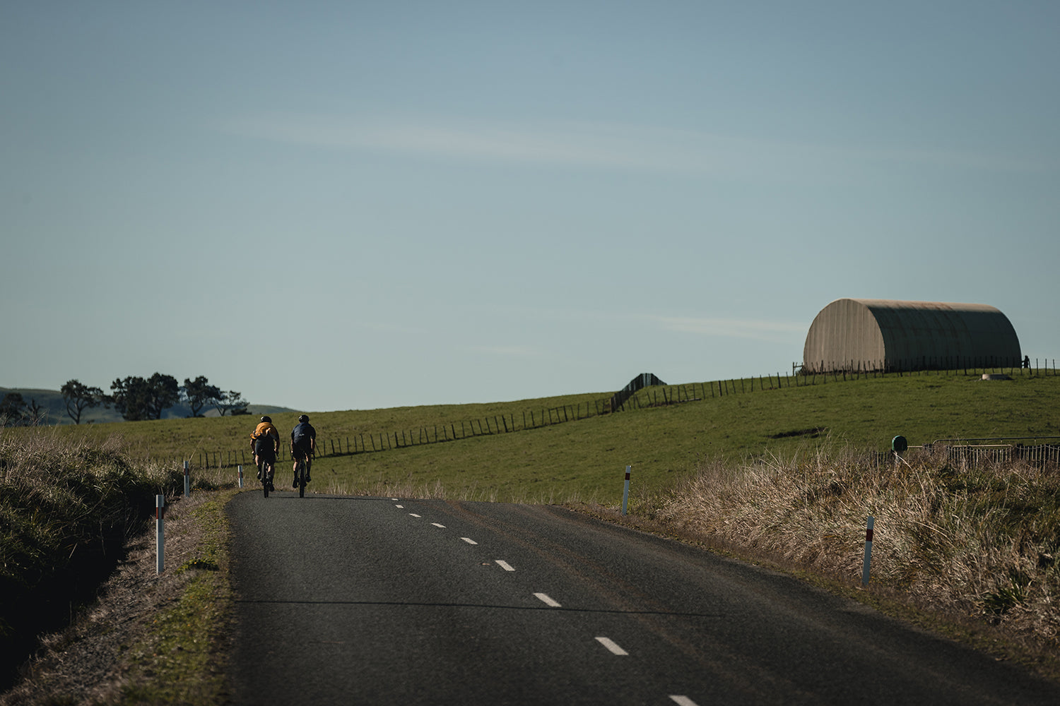 Two cyclists riding a quiet paved road