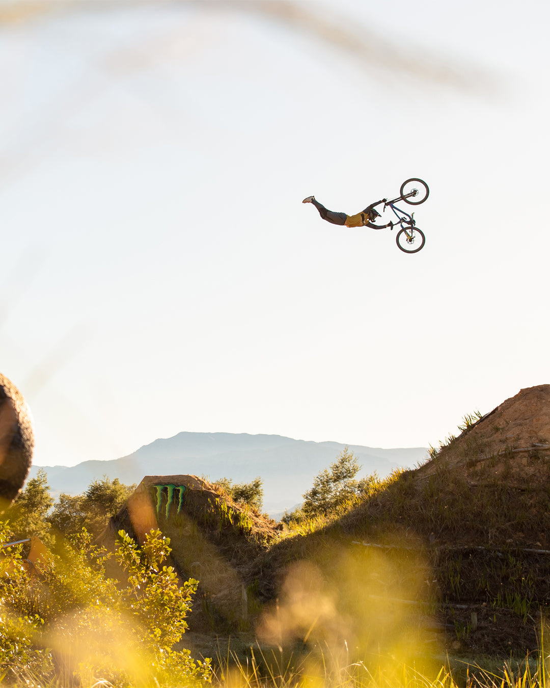 Person on a bicycle performing a trick in the air with mountains and greenery in the background